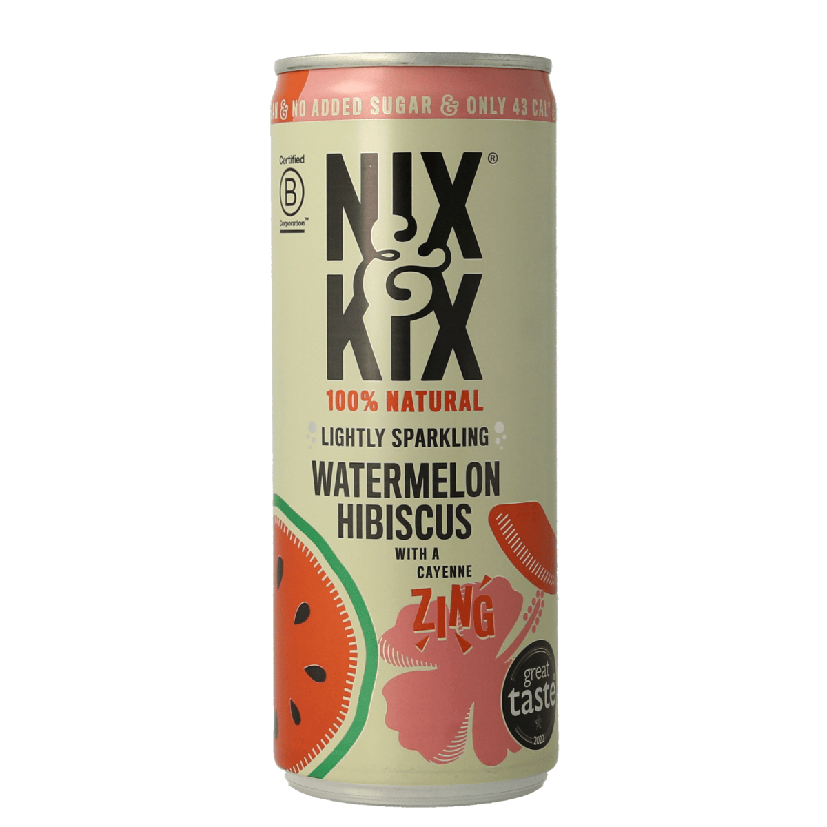 Nix & Kix Watermelon Hibiscus drink in a 250ml can, refreshing beverage with vibrant watermelon and hibiscus flavors.