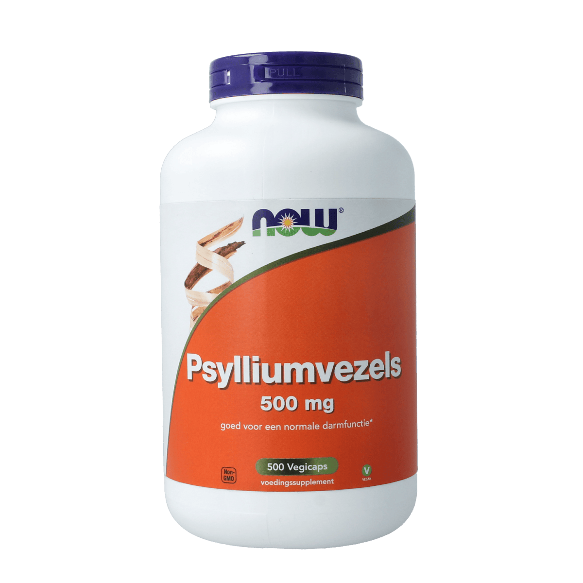 NOW Psylliumvezels 500mg vegetarian capsules, dietary fiber supplement in clear bottle with green label, shown close-up.