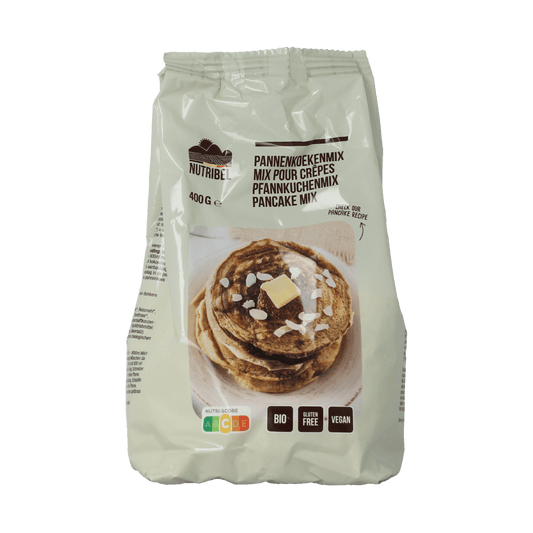 Nutribel gluten-free organic pancake mix in a 400g package, ideal for baking delicious gluten-free pancakes.