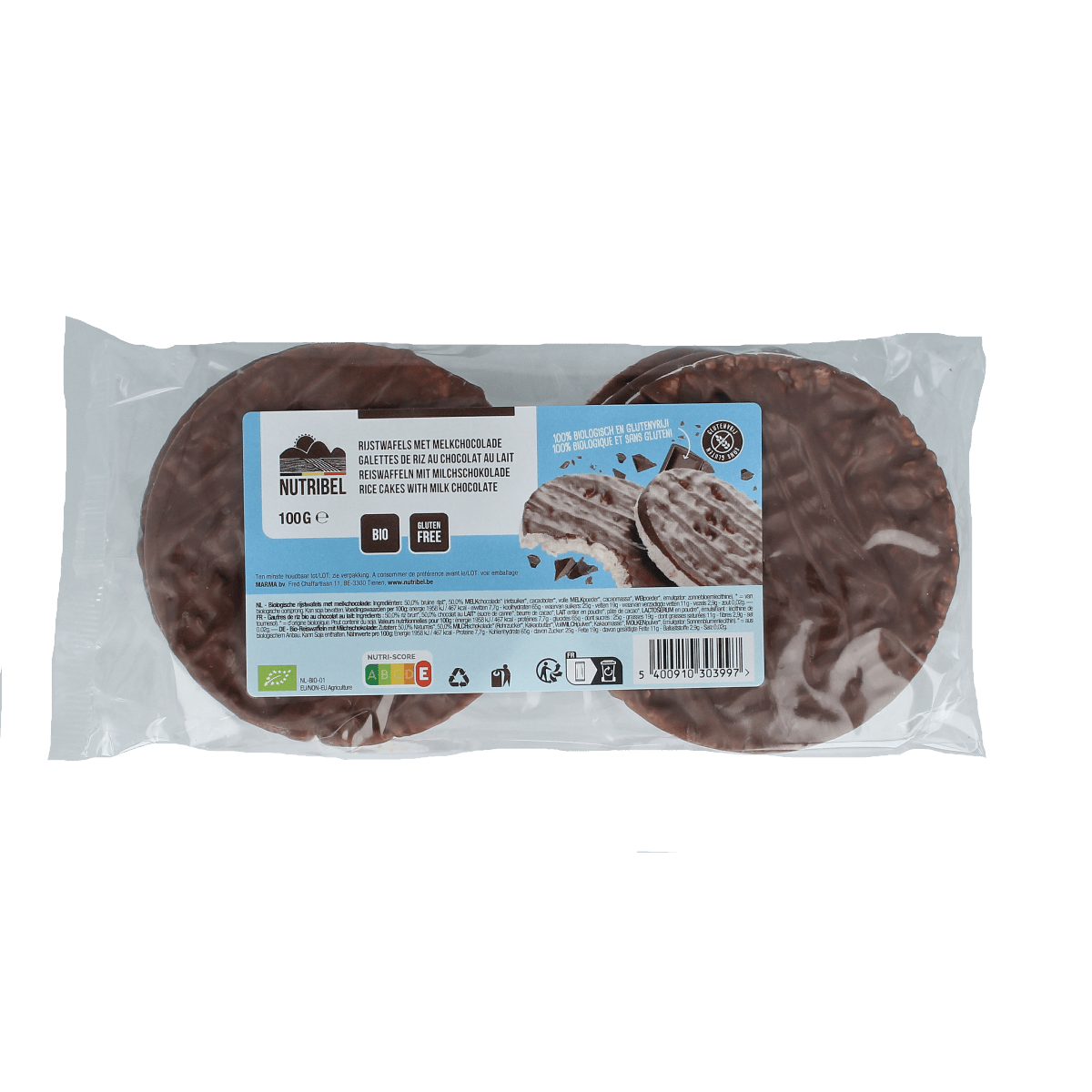 Nutribel Broden en Crackers 100.00 Gram Nutribel Rijstwafels melkchocolade bio 100.00 Gram