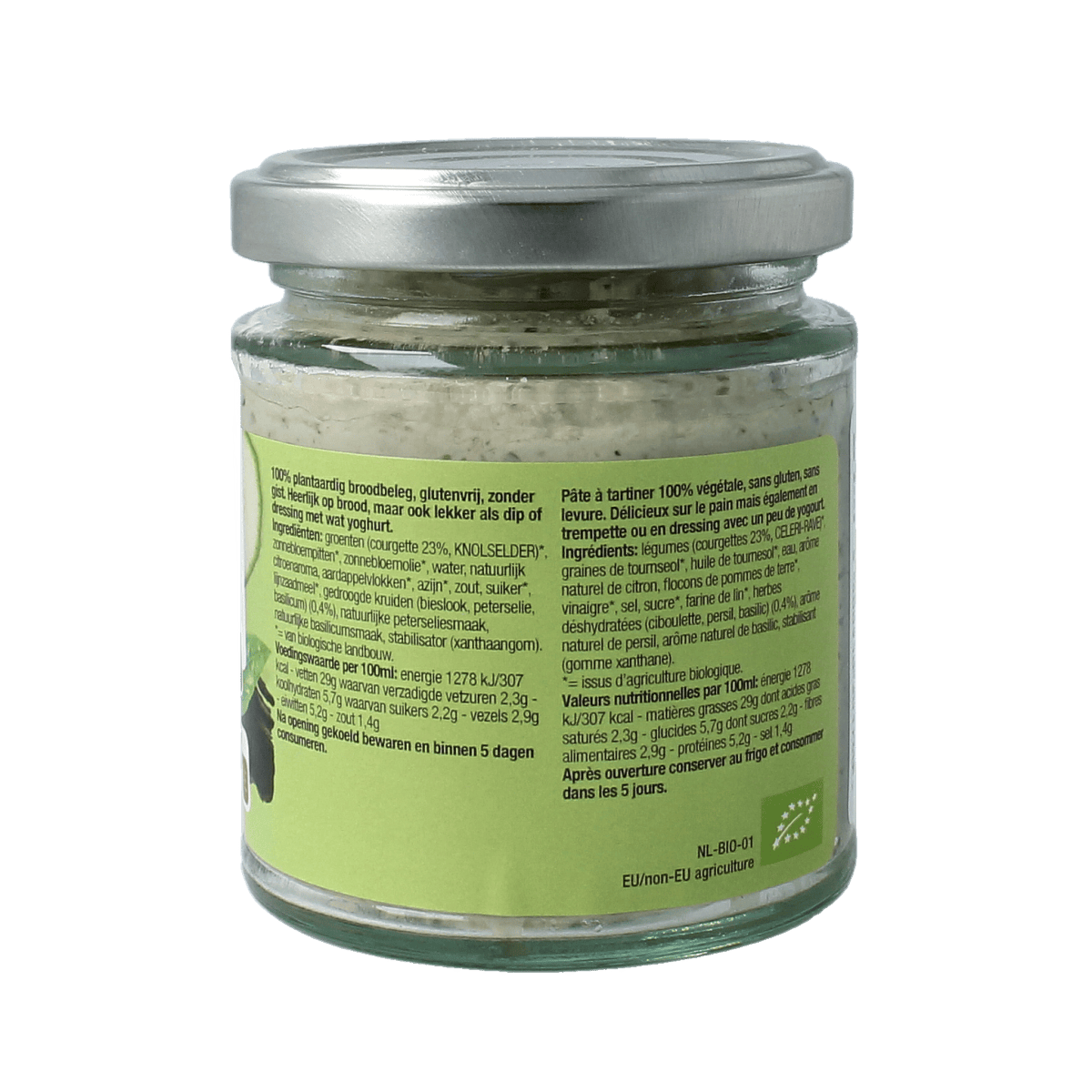 Nutribel kruiden spread glutenvrij bio in 190ml jar, natural herbal spread for bread or toast.