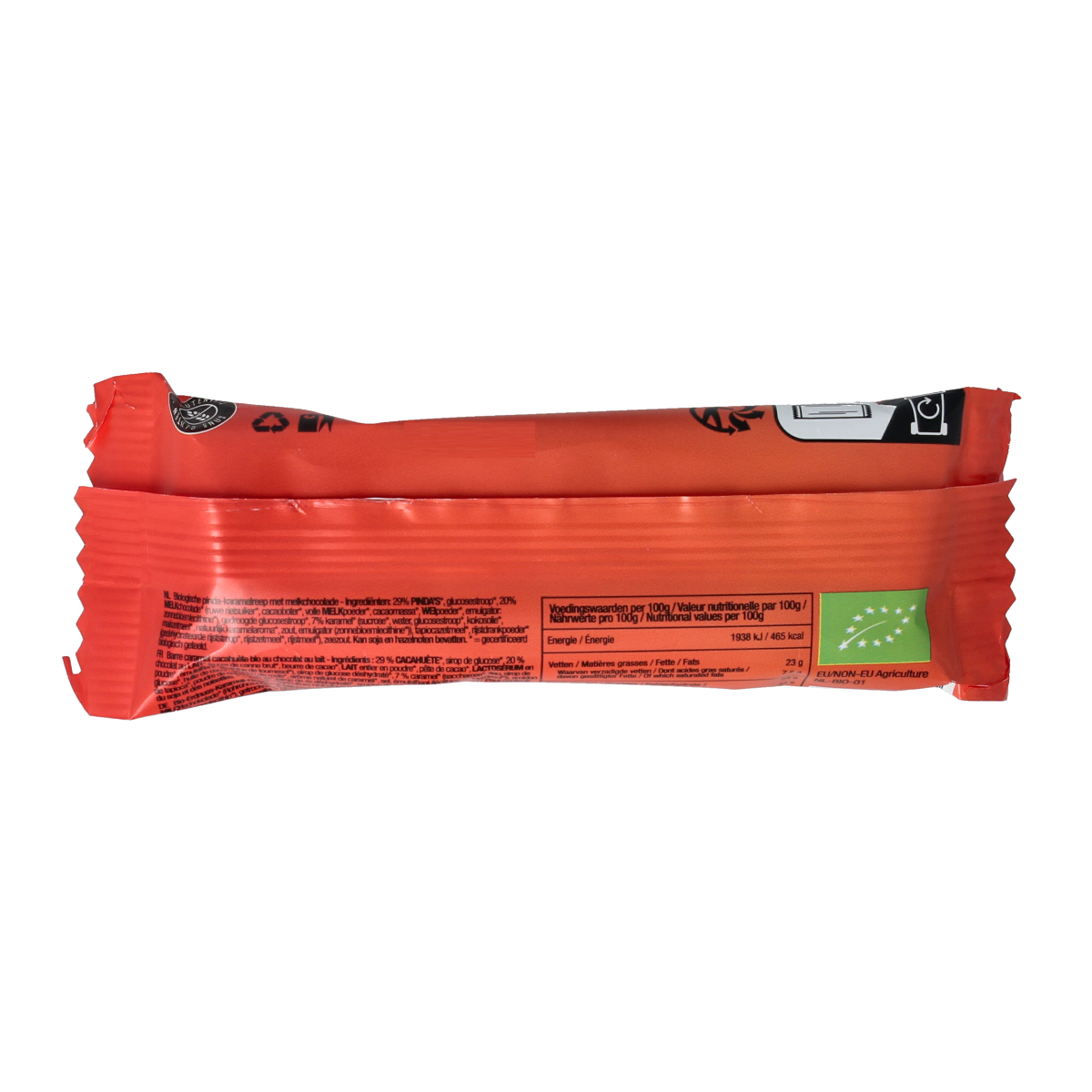 Nutribel Pinda Karamel Reep melkchocolade bio 40g, chocolate bar with peanut caramel filling, wrapped in foil.