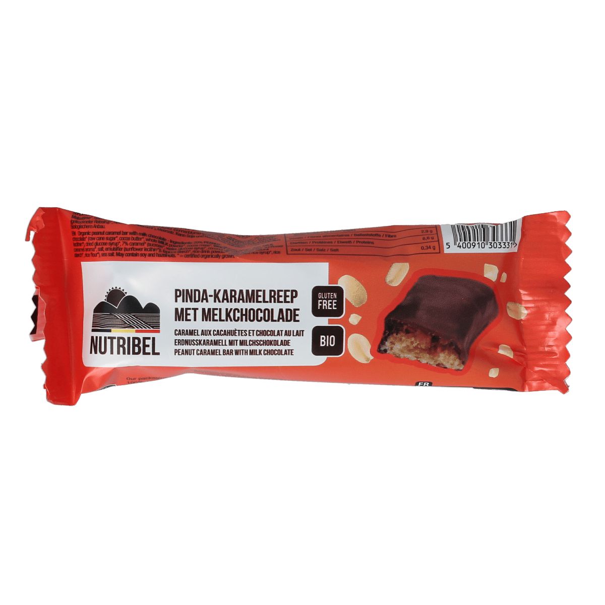 Nutribel Pinda Karamel Reep melkchocolade bio chocolade bar, 40g, with caramel and peanut flavor, wrapped in foil.