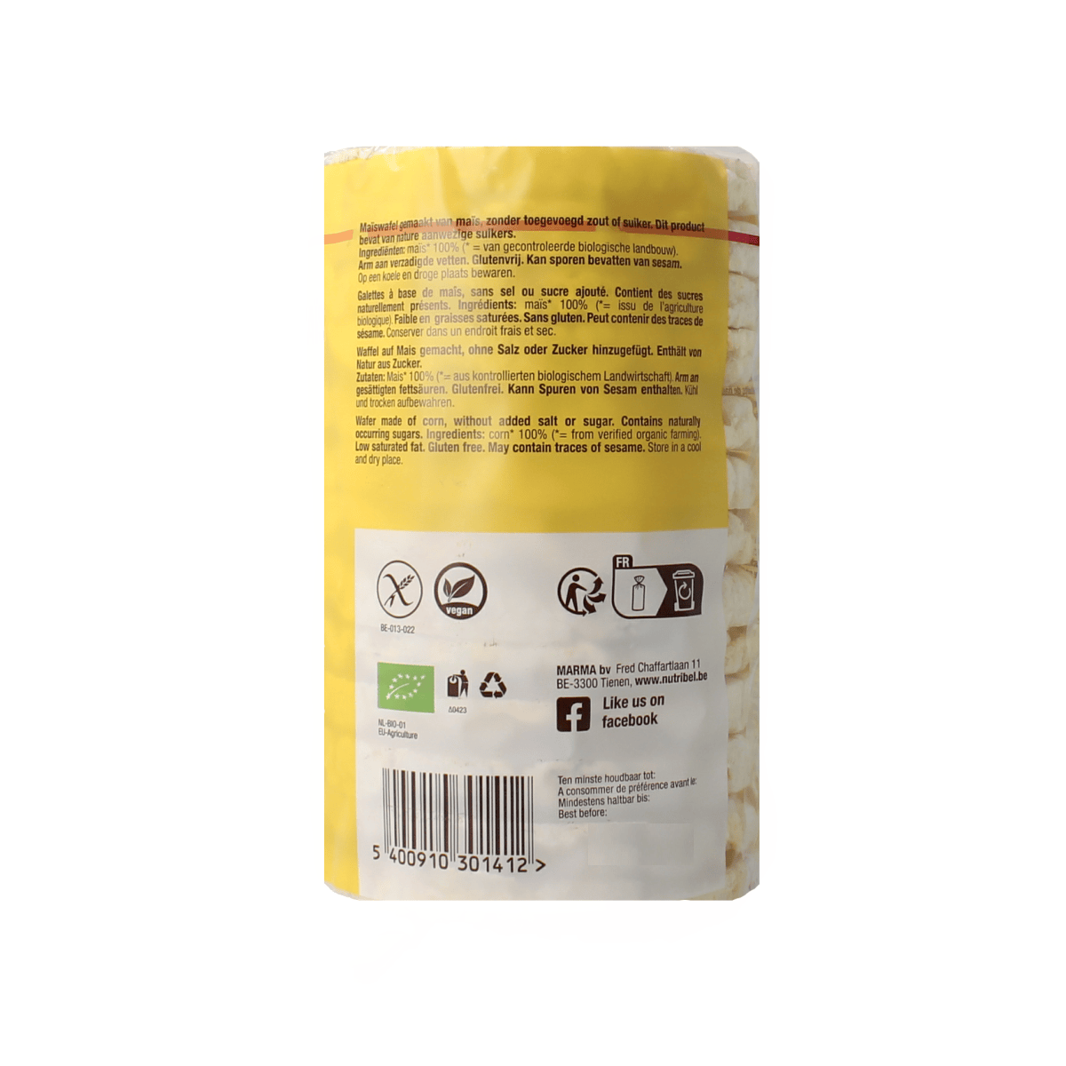 Nutribel Koeken 100.00 Gram Nutribel Maiswafels zonder zout glutenvrij bio 100.00 Gram