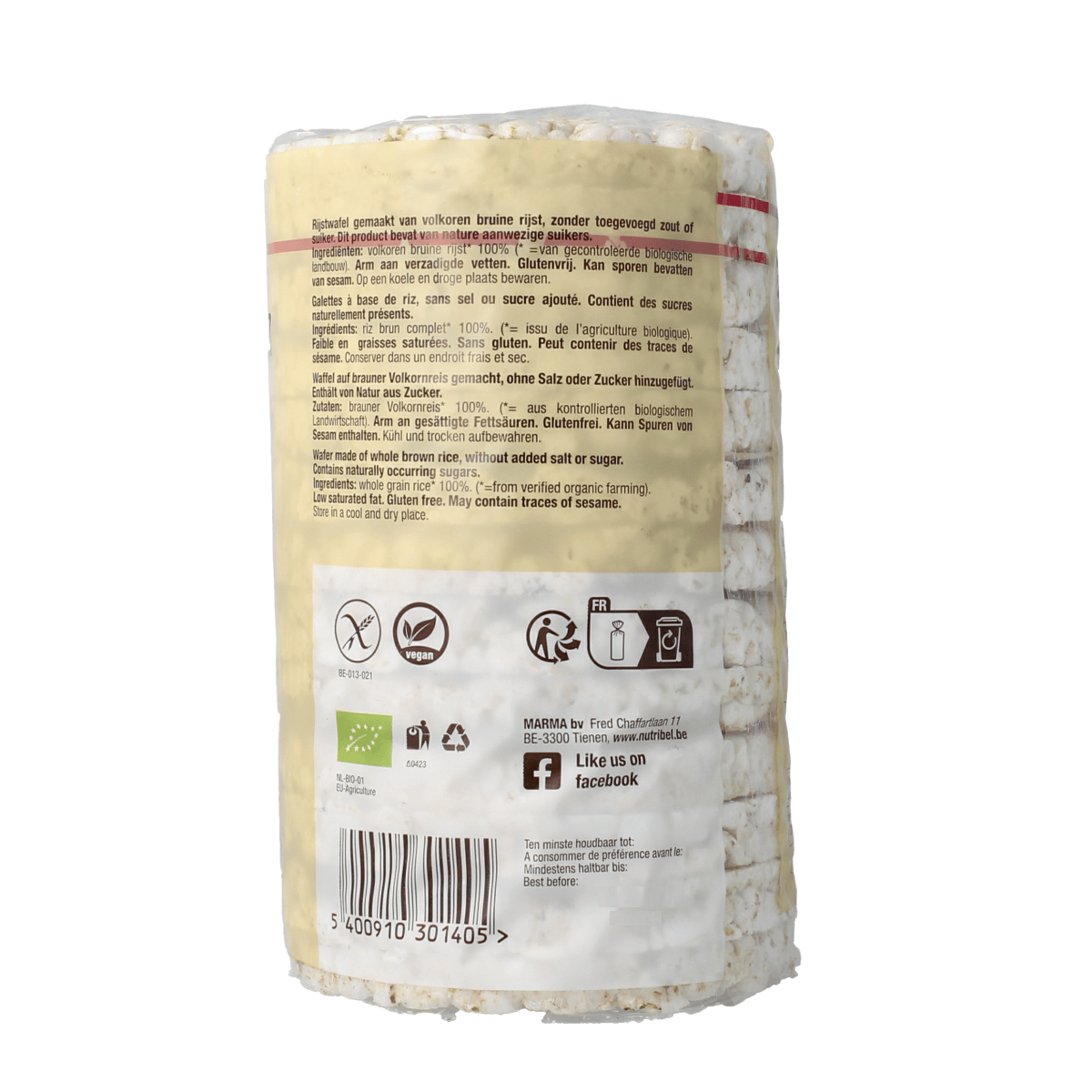 Nutribel gluten-free organic rice cakes without salt, 100g, showing a close-up of the Nutribel rice cake package.