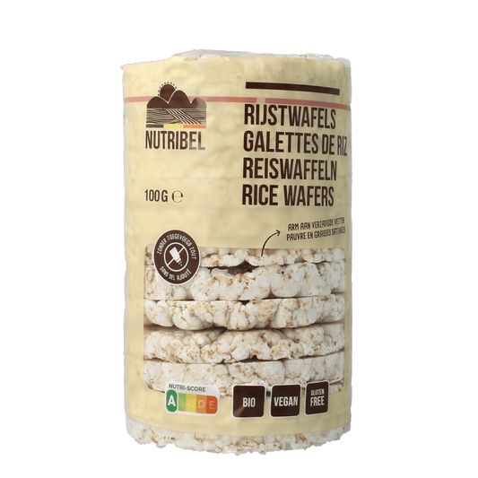 Nutribel gluten-free organic rice cakes without salt in 100g package, natural crispy snack with rice and no added salt.
