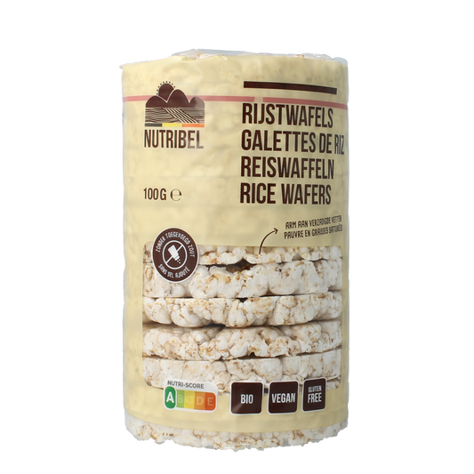 Nutribel gluten-free, unsalted rice cakes in 100g package, organic, crunchy snack from Nutribel brand.