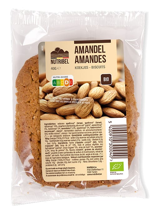 Nutribel organic spelt almond cookie in 40g package, showing a golden-brown almond spelt cookie on a white surface.