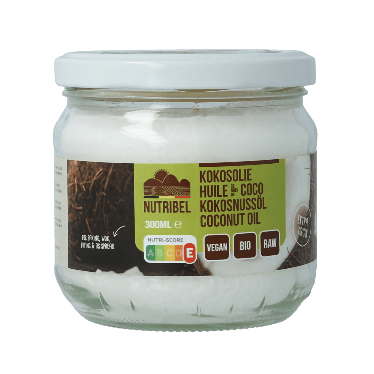 Nutribel extra virgin organic coconut oil in a 300ml jar, natural and unrefined, for cooking and skincare.