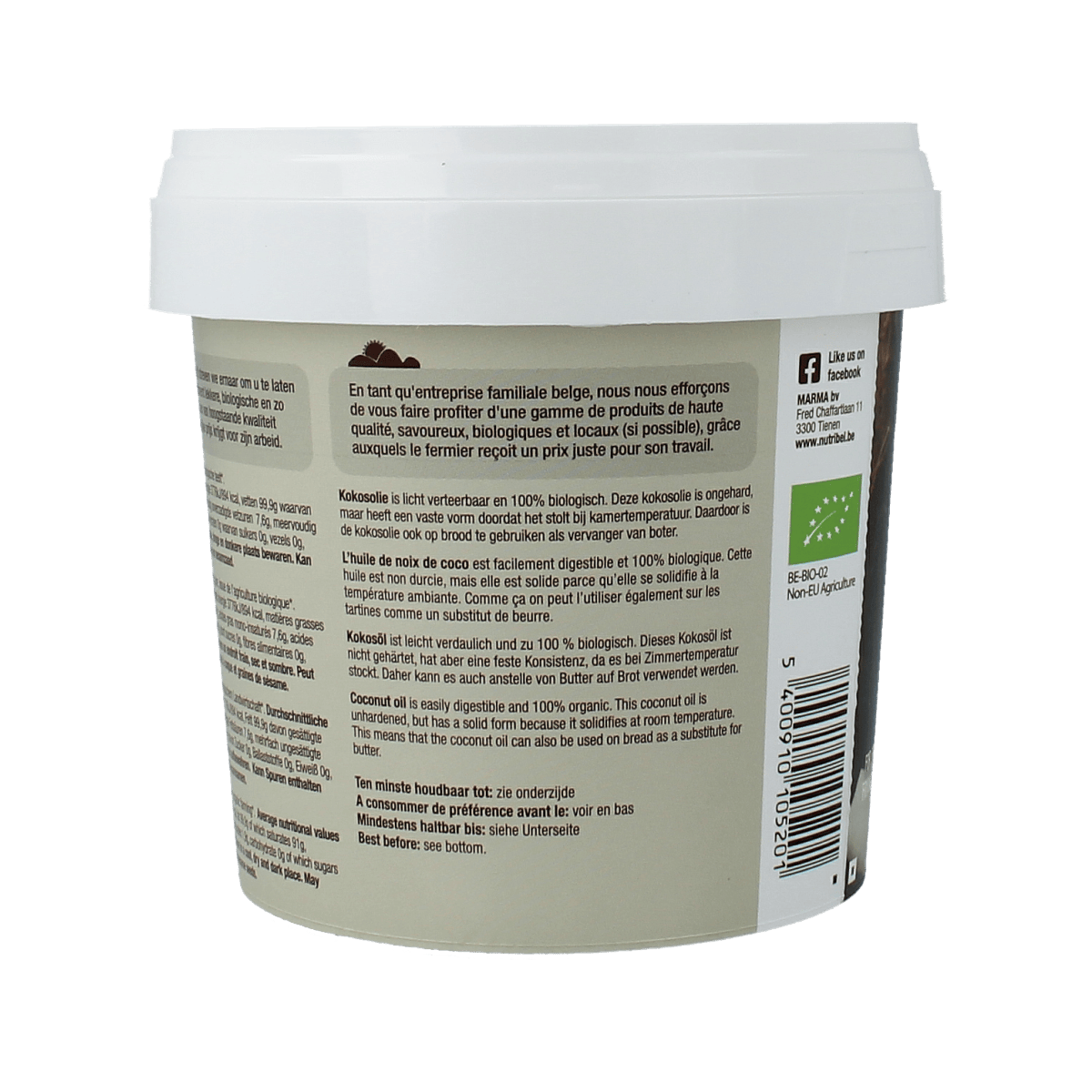 Nutribel geurloze biologische kokosolie in een 500 ml fles, geschikt voor koken en bakken, zonder geur of smaak.