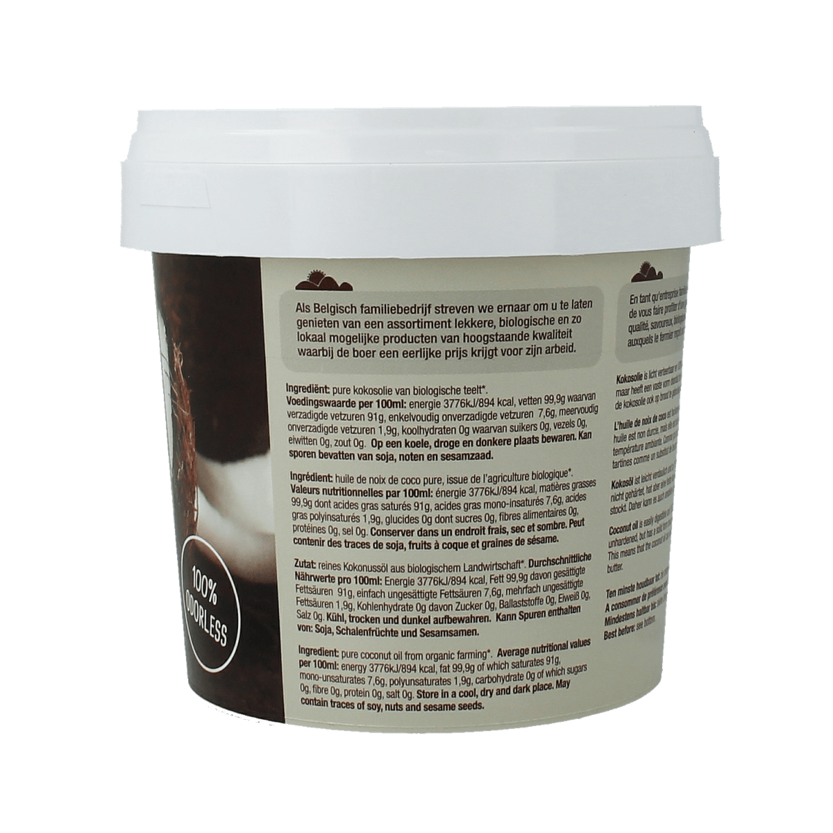 Unlabeled clear glass jar of Nutribel bio scentless coconut oil, 500ml, in a white container with a screw cap, on a kitchen surface.