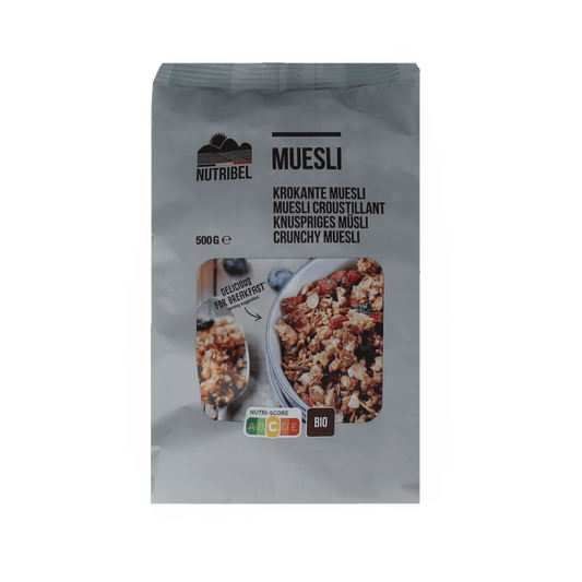 Nutribel Muesli Krokant Superfood bio, 500g, crunchy breakfast grains with organic superfood ingredients in a clear bowl.