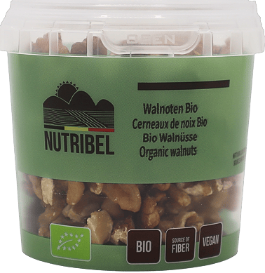 Organic raw walnuts from Nutribel, 125g superfood, close-up of shelled walnuts in a clear container.