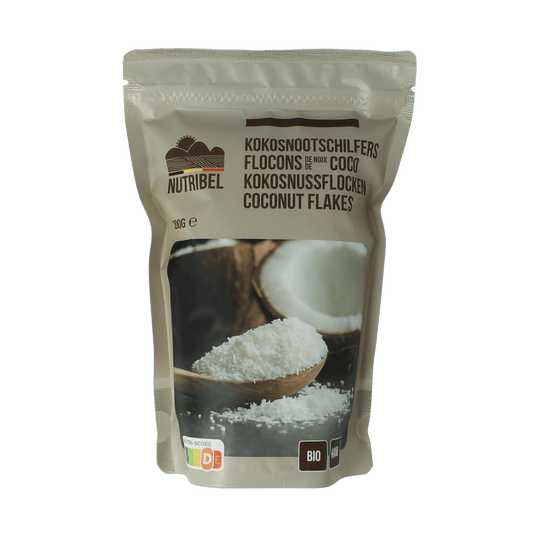 Raw organic Nutribel coconut flakes in a 200g package, showcasing shredded coconut on a white background.