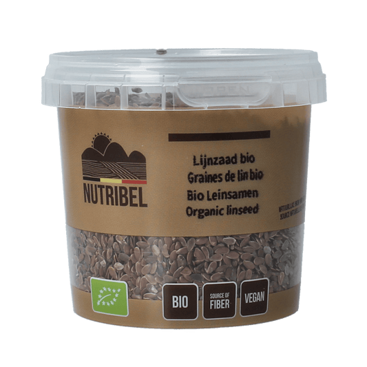 Organic Nutribel flaxseed in a 200g package, raw superfood, healthy whole flax seeds for nutritious cooking and baking.