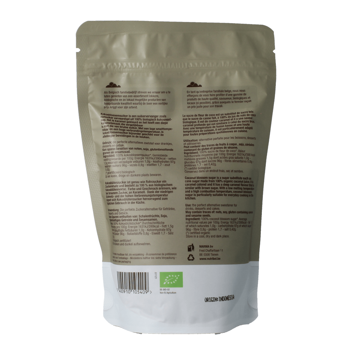 Nutribel raw organic coconut blossom sugar in 250g package, natural sweetener from coconut flowers, on a neutral background.