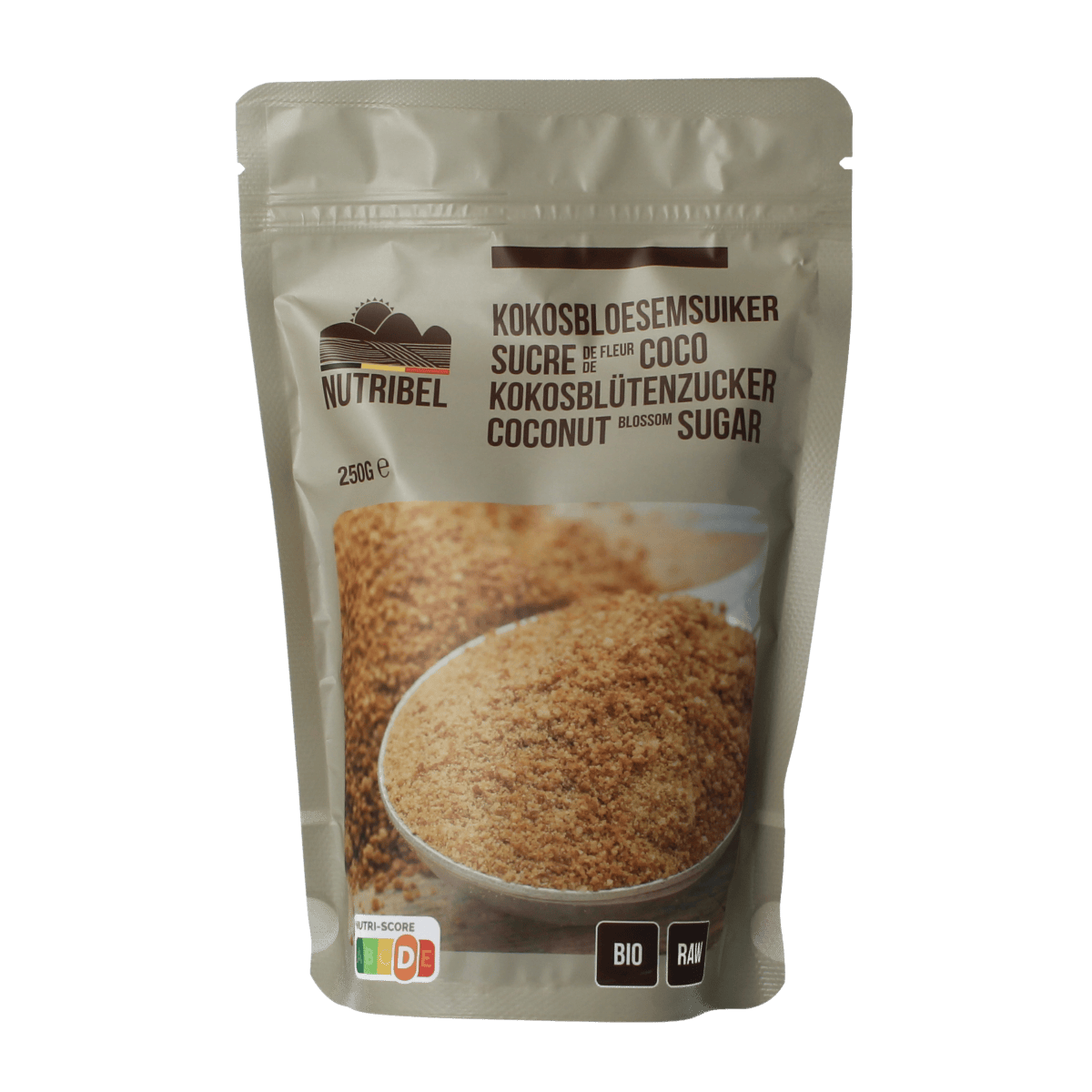 Nutribel raw organic coconut blossom sugar in a 250g package, natural sweetener from the Suikers en Zoetstoffen category.