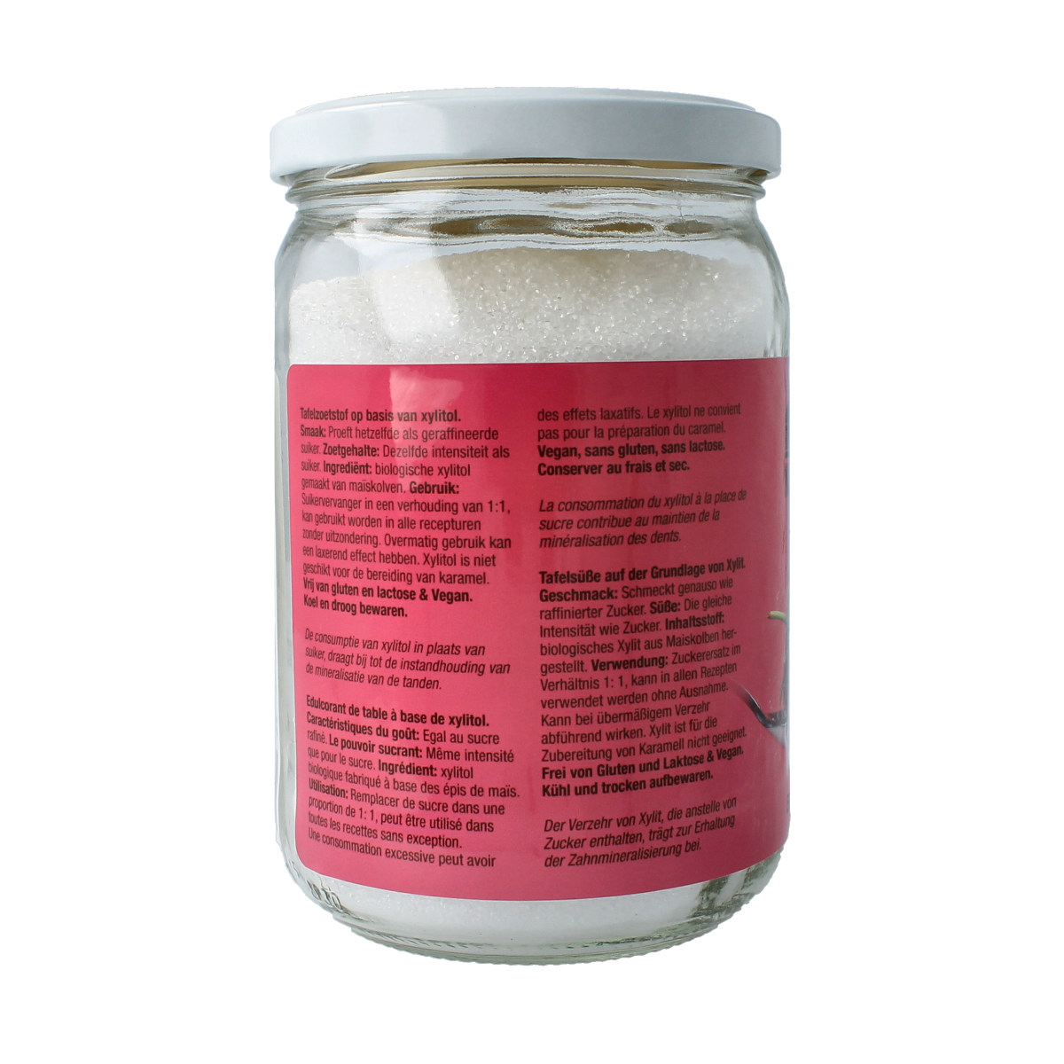 Nutribel Sweet xylitol bio, 500 grams, natural organic sweetener in a clear plastic bag with label showing product details.