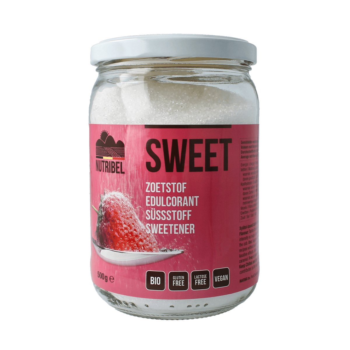 Nutribel Sweet xylitol bio, 500g, organic sweetener in a clear plastic bag showing the product packaging.