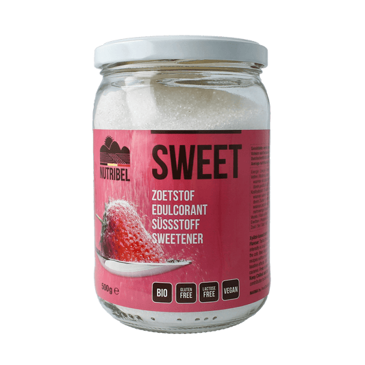 Nutribel Sweet xylitol bio, 500g, organic sweetener in a clear plastic bag showing the product packaging.