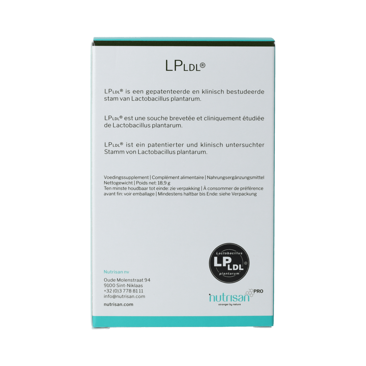 Nutrisanpro LPLDL® micro-organismen capsules, 60 count, showing the supplement bottle with capsules inside.