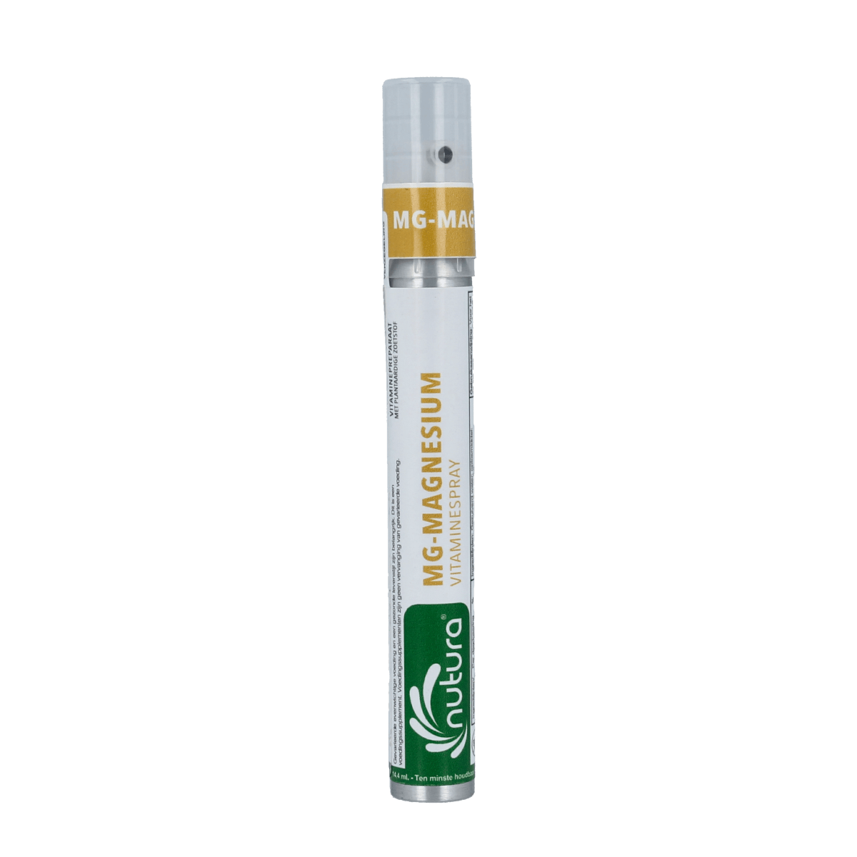 Nutura Vitaminesprays MG Magnesium Vitamin Spray bottle, 14.4 ml, mineral supplement, close-up of the product container.