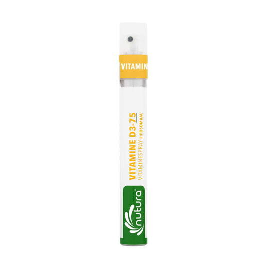 Nutura Vitaminesprays D3 75 Vitamin spray in 14.40ml bottle, showing the packaging and spray nozzle for vitamin D3 supplementation.
