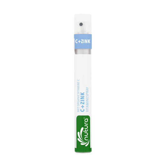Nutura Vitaminesprays C + Zink dietary supplement spray in a 14.4 ml bottle, designed to support immune health.