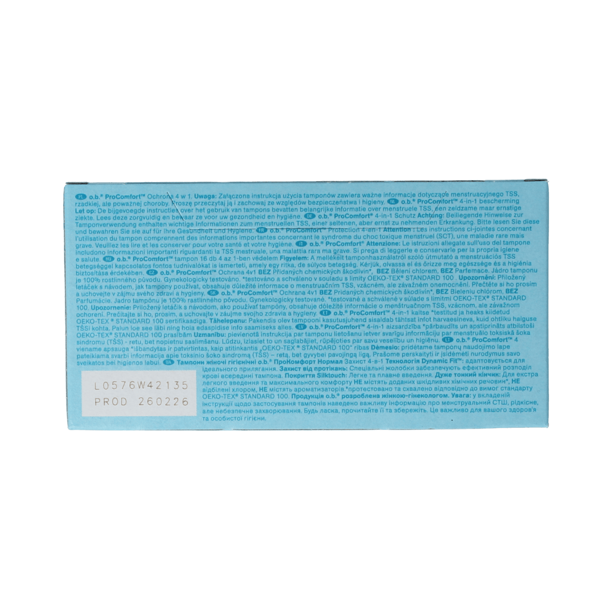 OB Tampons Pro Comfort Advanced Normal, pack of 16, for women, showing the tampons and packaging.