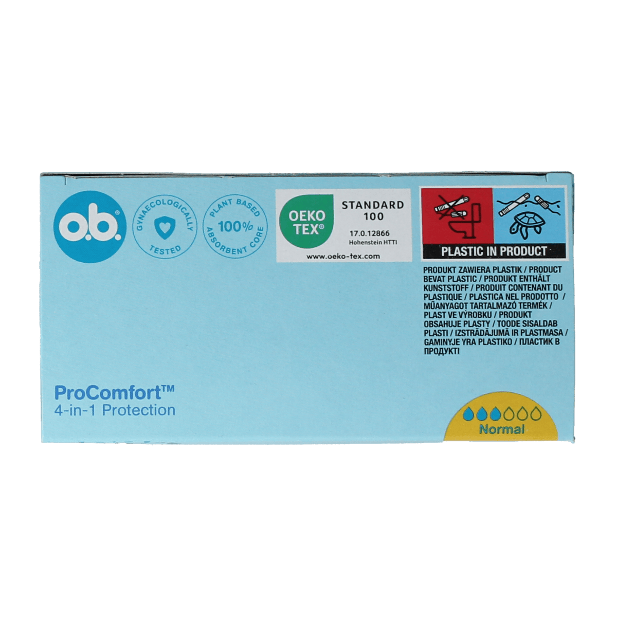 OB Tampons Pro Comfort Advanced Normal 32-pack, feminine hygiene product for women, showing tampons in a box.
