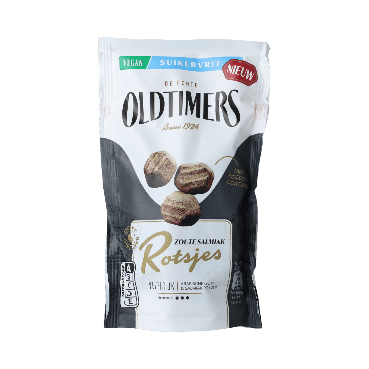 Oldtimers Zoute Salmiak Rotsjes, suikervrij salty licorice candies in 100g package, shown in a clear image.