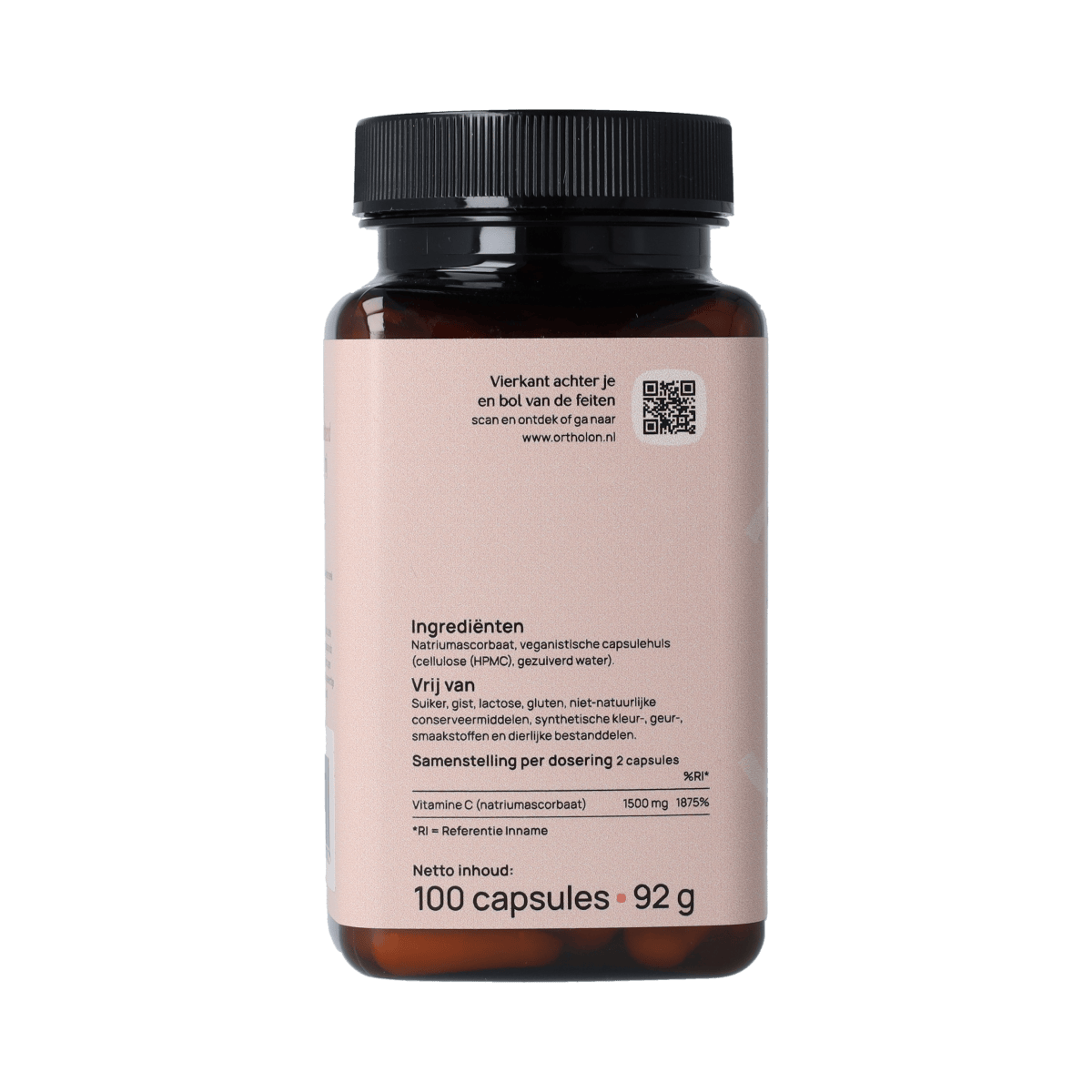Ortholon Vitamine C Zuurvrij capsules, 100 count, natural vitamin supplement in clear bottle with label showing product details.