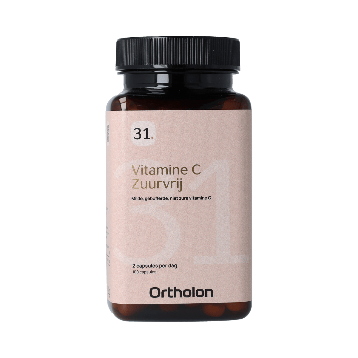 Ortholon Vitamin C capsules, 100 count, nitrate-free vitamin supplement in clear bottle with blue cap, labeled Ortholon.