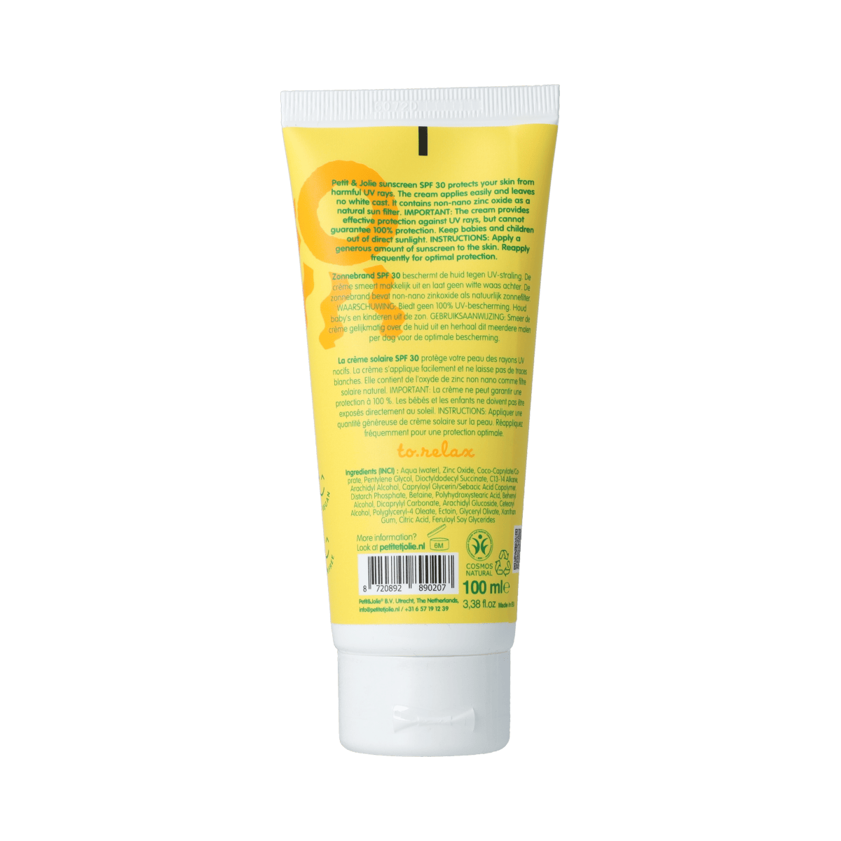 Petit et Jolie Minerale SPF30 zonnebrand lotion in a 100ml bottle, fragrance-free, suitable for sensitive skin.