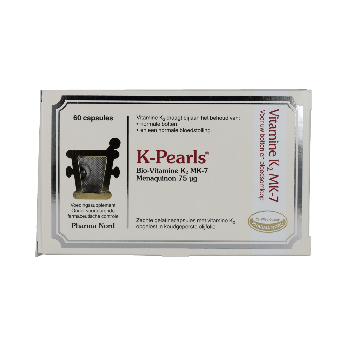 Pharma Nord K-Pearls vitamin tablets, 60-count bottle, showing the small, round, orange capsules on a white background.