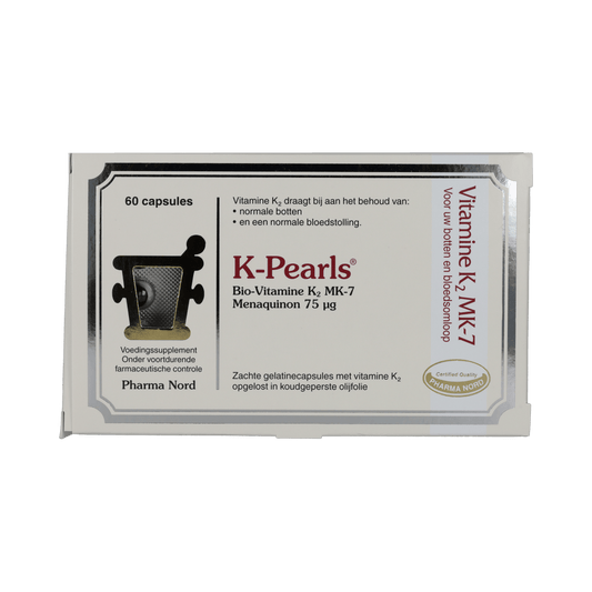 Pharma Nord K-Pearls vitamin tablets, 60-count bottle, showing the small, round, orange capsules on a white background.