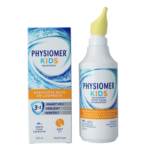 Physiomer Kids nasal care and inhalation spray in 135ml bottle, gentle nasal hygiene for children from Physiomer.