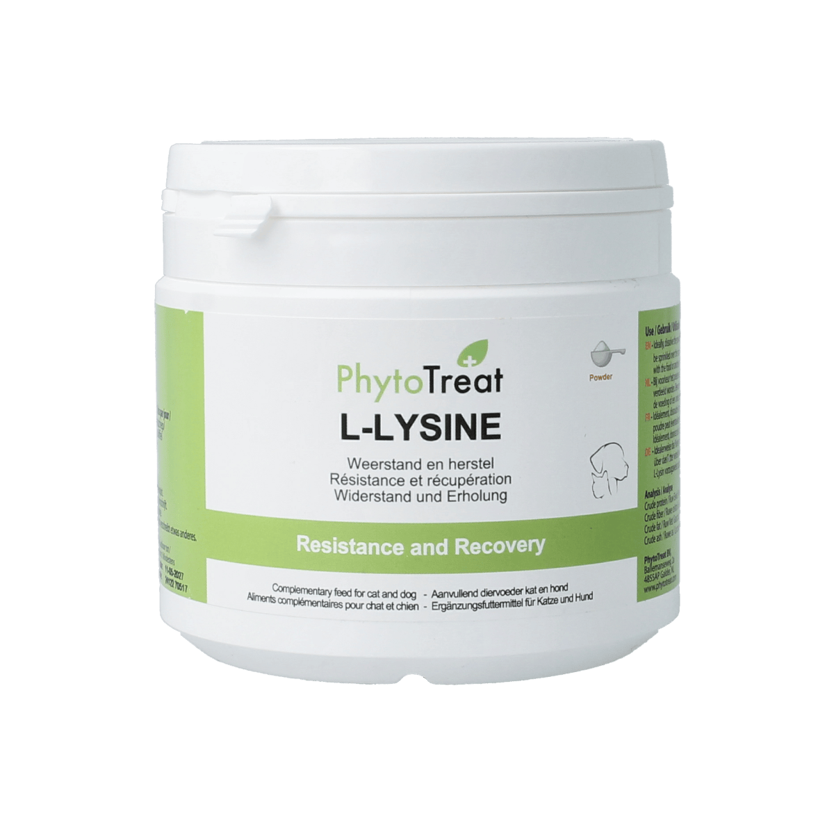 PhytoTreat L-lysine supplement for dogs and cats in 150g container, natural dietary support for pets.