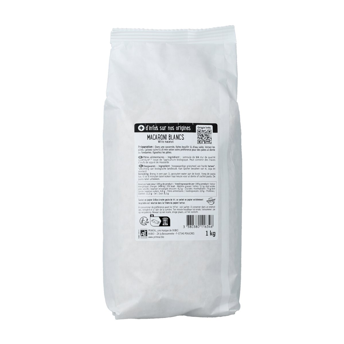 Primeal Pasta en Rijst 1000.00 Gram Primeal Witte macaroni bio 1000.00 Gram