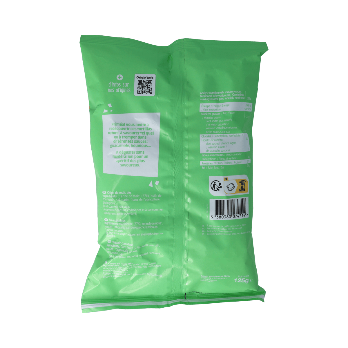 Primeal bio tortillas for pizza wraps, 125 grams, showing a package with golden-brown tortillas ready for cooking or wrapping.