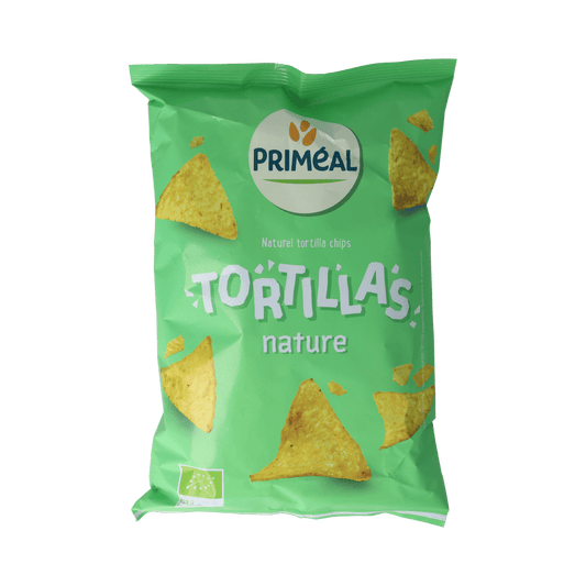 Primeal organic tortilla wraps, 125g, for pizza and wraps, showing a stack of fresh, golden-brown tortillas on a white background.