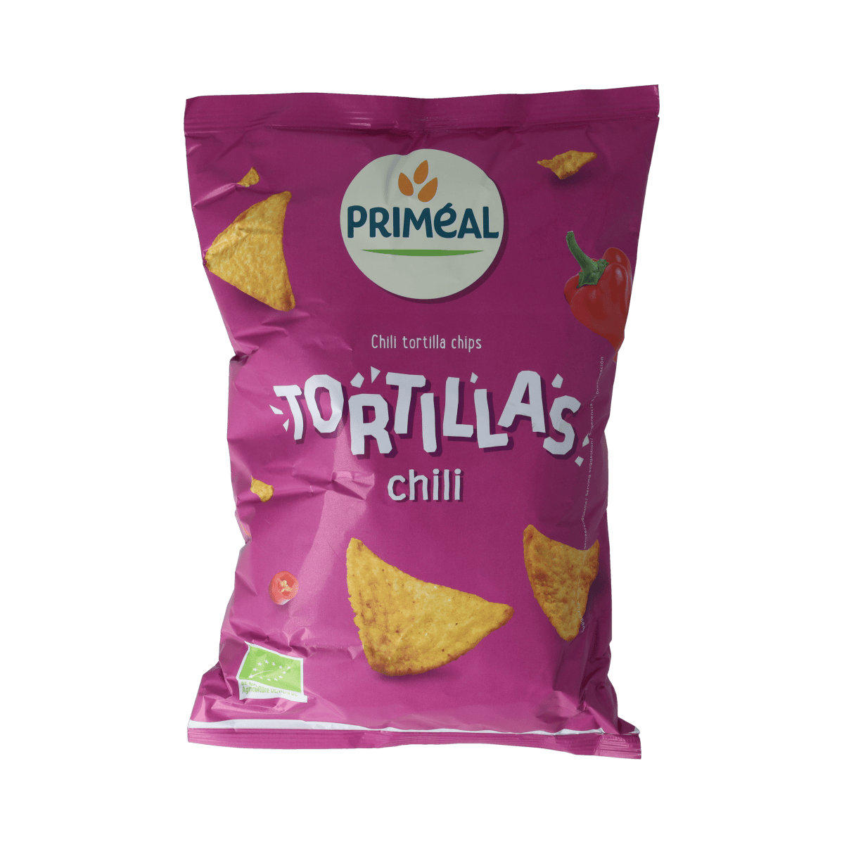 Primeal chili bio tortillas, 125g, soft wraps ideal for pizza or wraps, featuring a spicy chili flavor and organic ingredients.