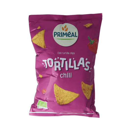 Primeal chili bio tortillas, 125g, soft wraps ideal for pizza or wraps, featuring a spicy chili flavor and organic ingredients.
