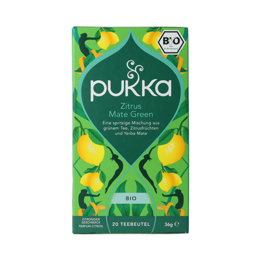 Pukka Citrus Yerba Green bio tea bags, 20 count, featuring fresh citrus and yerba mate in eco-friendly packaging.