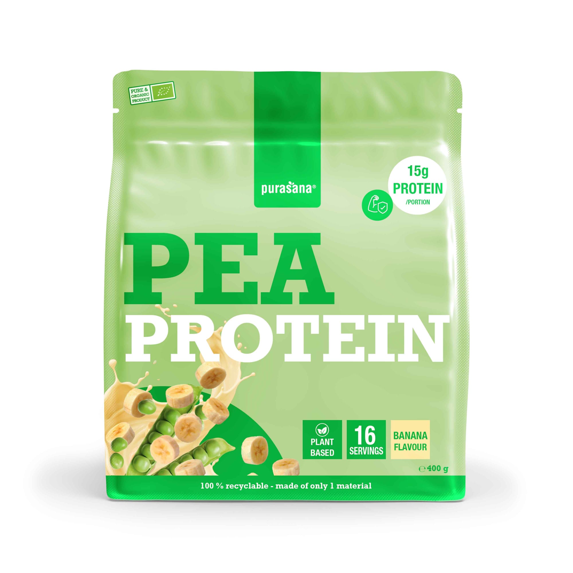 Purasana Plant Protein Erwt Banaan bio 400g, natural pea and banana-flavored amino acid supplement in a resealable bag