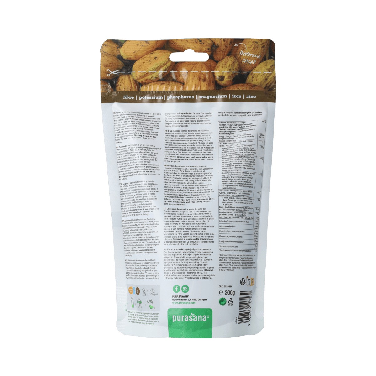 Purasana vegan cacao powder in a 200g package, natural cacao powder from Purasana for baking and beverages.