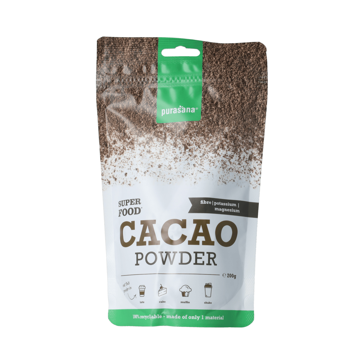 Purasana vegan cacao powder in 200g package, natural plant-based cacao powder for recipes and baking