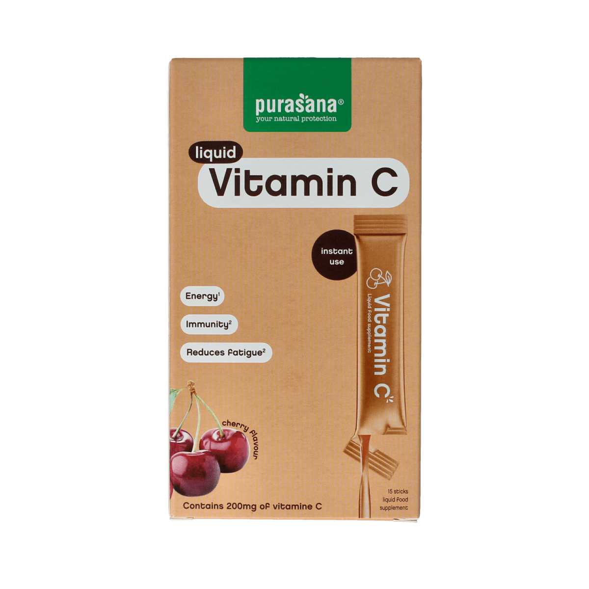 Purasana Vitamin C liquid gelstick 10ml, pack of 15, natural vitamin supplement with orange-flavored gelsticks.