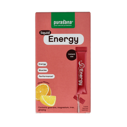 Purasana Energy liquid gelstick 10ml, dietary supplement with herbal ingredients, displayed in a blister pack of 15.
