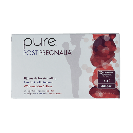 Pure Post Pregnalia dietary supplement with 30 tablets and 30 softgels, designed for pregnancy support.